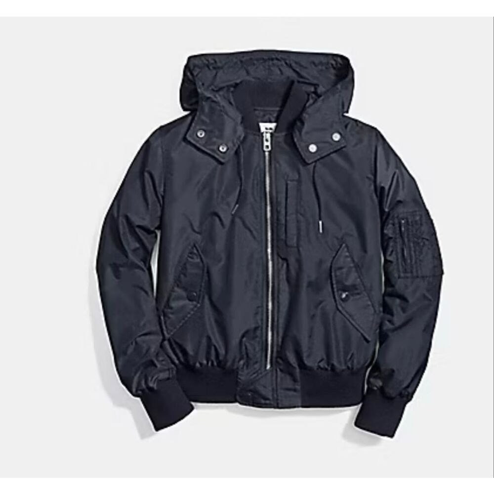 Woman COACH F58346 Navy blue black bomber coat/Jacket windbreaker hooded large